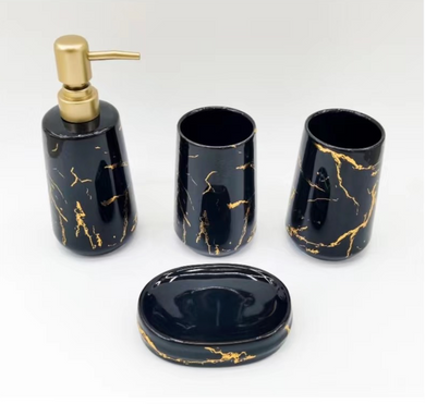 Bathroom Accessories Set, 4 Pieces BLACK with Gold Marble Look Ceramic Bathroom Set with Soap Dispenser, Toothbrush Holder, Toothbrush Cup, Soap Dish