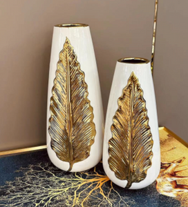 Vase Ceramic 14 INCH Large, ONE Flower Vase Included Centre Piece Gold Creative Leaf Vase White and Gold Flower Pot Home Decor Tabletop Accessories