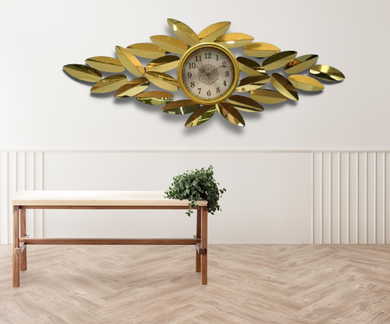 Wall Clock Art Clock Gold Wall Decoration, Creative Handmade Mute Non-Ticking Clock Stainless Steel Wall Clock with Gold Tinted Mirrors Leaf Design for Living Room, Bedroom, Office, Corridor
