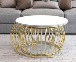 Modern Nesting Coffee Table Set of 2 Round Centre Table Open for Storage Marble Top Shelf for Living Room Furniture Side End Table