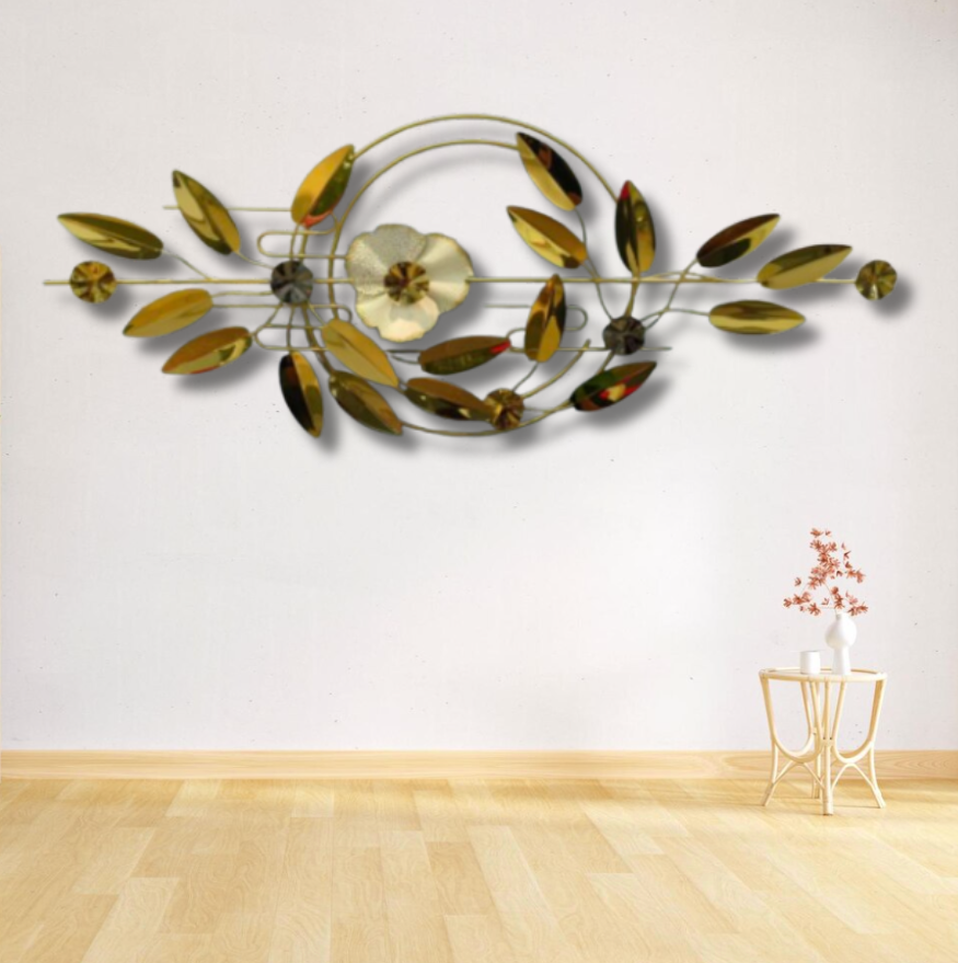 5' ft Wall Décor Large Gold Metal Floral Wall Art with Tints of Multi Coloured Mirrors Flower Leaves