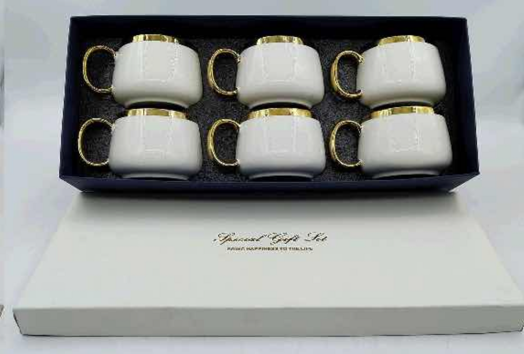 Tea Cups Set of Six White Gold Tea Coffee Mugs Hot Cold Drink Cups Ceramic Luxury Looking Coffee Tea Mugs Set 6-Pieces