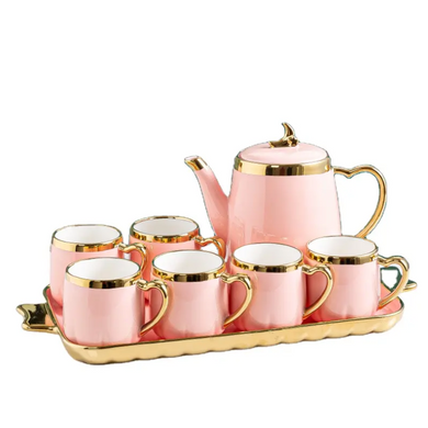 Tea Cups Set of Six with Kettle and Tray Hot Drink Cups with Tray Ceramic Luxury Looking Coffee Tea Mugs Set 6-Pieces