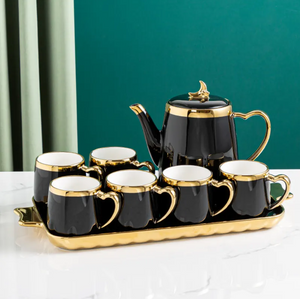 Tea Cups Set of Six with Kettle and Tray Hot Drink Cups with Tray Ceramic Luxury Looking Coffee Tea Mugs Set 6-Pieces