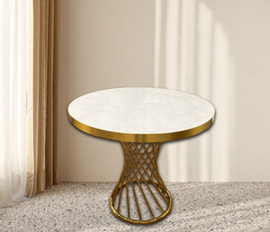 Side Table Gold Breakfast Table with White Marble-look Glass Top Luxury Looking End Table Round Large Table for Living Room Kitchen Dining Table with Metal Frame Base