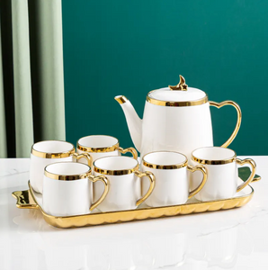 Tea Cups Set of Six with Kettle and Tray Hot Drink Cups with Tray Ceramic Luxury Looking Coffee Tea Mugs Set 6-Pieces