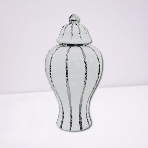 Ginger Jar Large with Lid in Silver and White Ceramic for Living Room or Kitchen Decoration