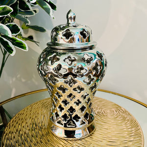 Ginger Jar with Lid in Silver Ceramic for Living Room or Kitchen Decoration