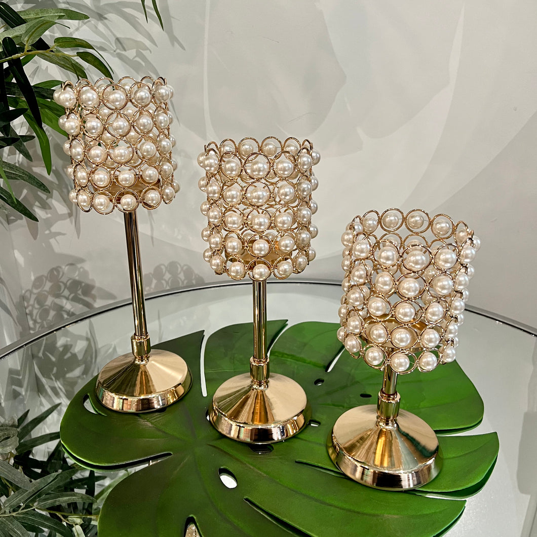 Candle Holder Decorated in Pearl for Tabletop in Gold (Select Size Below)