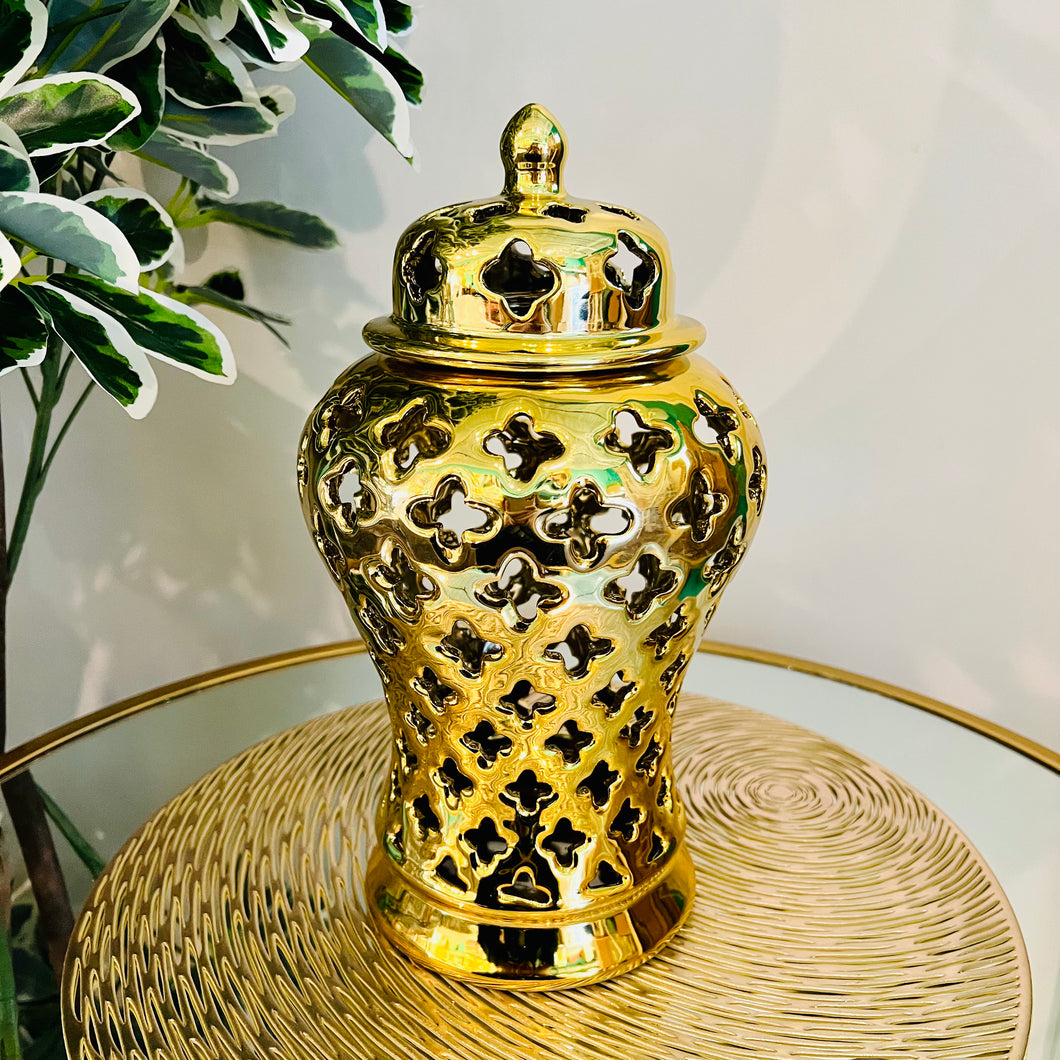 Ginger Jar with Lid in Gold Ceramic for Living Room or Kitchen Decoration