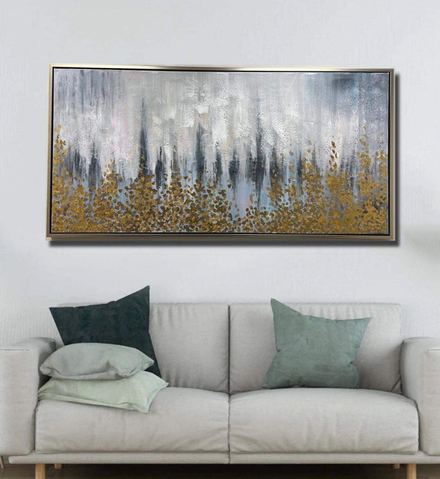 Handmade Oil Painting Golden Textures with Grey Blue Background Stretched Canvas with Extra Silver Floating Frame