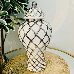 Ginger Jar Medium with Lid in Silver and White Ceramic for Living Room or Kitchen Decoration