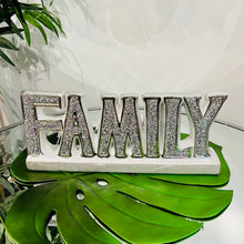 FAMILY Letter Sign Centre Piece in Gold/Silver Metal for Table Top with Crushed Crystals