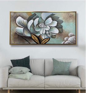 Handmade Oil Painting Large Teal Floral Modern Stretched Canvas with Extra Golden Floating Frame