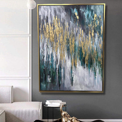 Handmade Oil Painting Large Abstract Textured Modern Stretched Canvas with Extra Golden Floating Frame