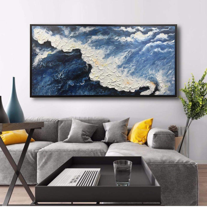 Handmade Oil Painting Large Textured Abstract Modern Stretched Canvas with Extra Black Floating Frame