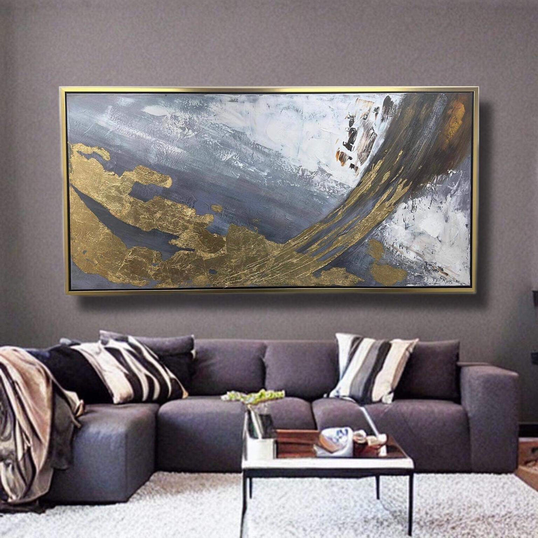 Handmade Oil Painting Large Gold Grey Abstract Modern Stretched Canvas with Extra Golden Floating Frame