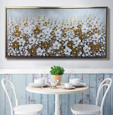Handmade Oil Painting Large Golden Textured Flowers Stretched Canvas with Extra Golden Floating Frame