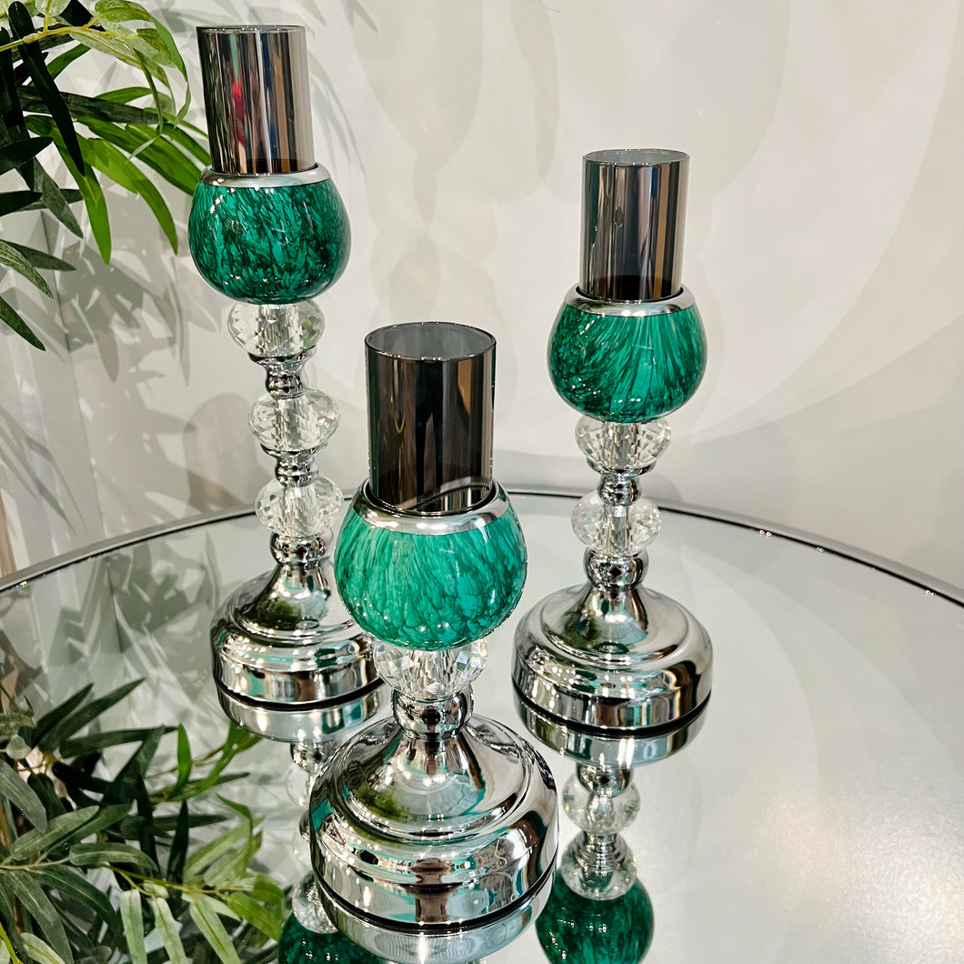 Candle Holders in Green & Silver with Crystals (Select Size Below)