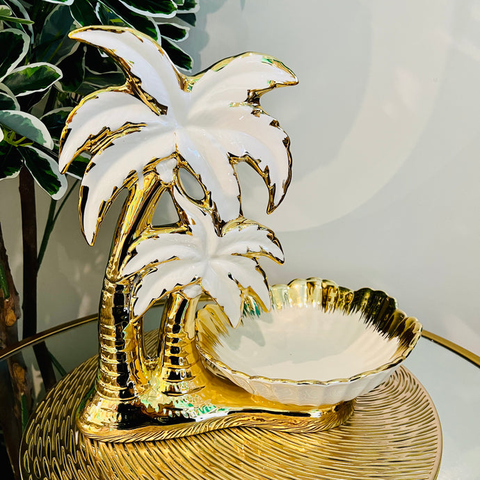 Sculpture Centre Piece Palm with Bowl in Gold/Silver Ceramic