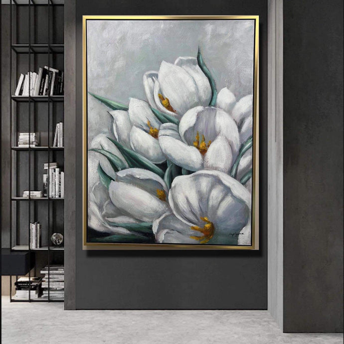 Handmade Oil Painting Large Floral Textured Modern Stretched Canvas with Extra Golden Floating Frame