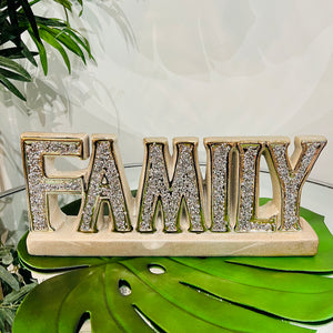 FAMILY Letter Sign Centre Piece in Gold/Silver Metal for Table Top with Crushed Crystals