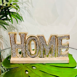 HOME Letter Sign Centre Piece in Gold/Silver Metal for Table Top with Crushed Crystals