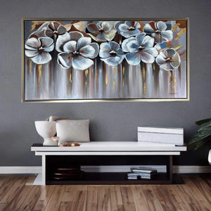 Handmade Oil Painting Modern Flowers Stretched Canvas with Extra Silver Floating Frame