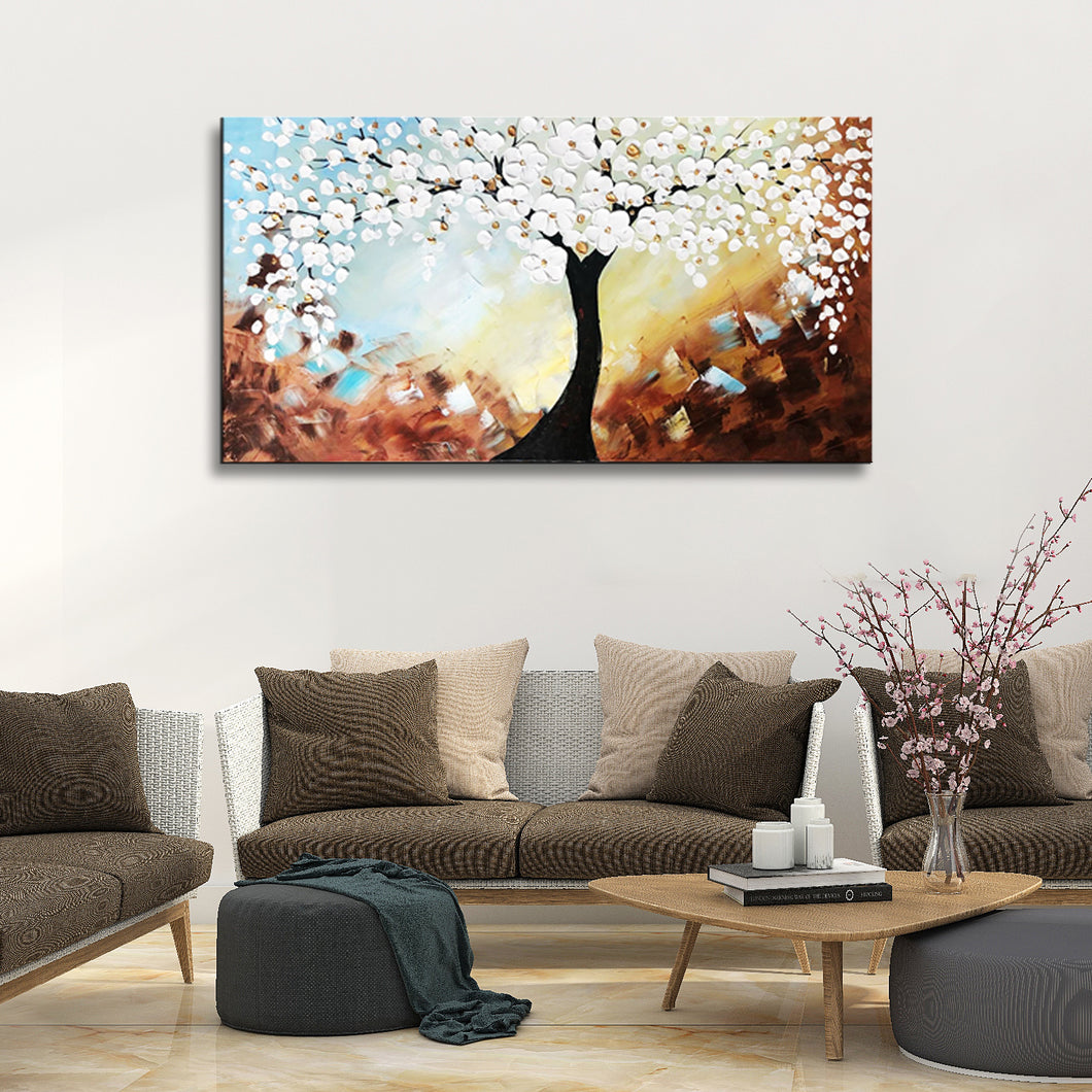 Handmade Oil Painting of White Blossom Blue Tree