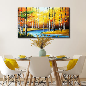 Handmade Oil Painting of Landscape with Tree Trunks on Stretched Canvas