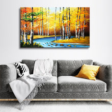 Handmade Oil Painting of Landscape with Tree Trunks on Stretched Canvas