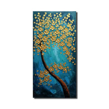 Handmade Oil Painting of GoldenTree with Teal Background on Stretched Canvas