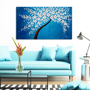Handmade Oil Painting of White Tree with Blue Background on Stretched Canva