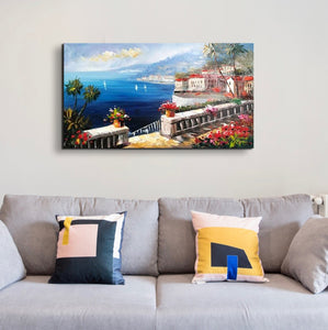 Handmade Oil Painting of Mediterranean City on Stretched Canvas