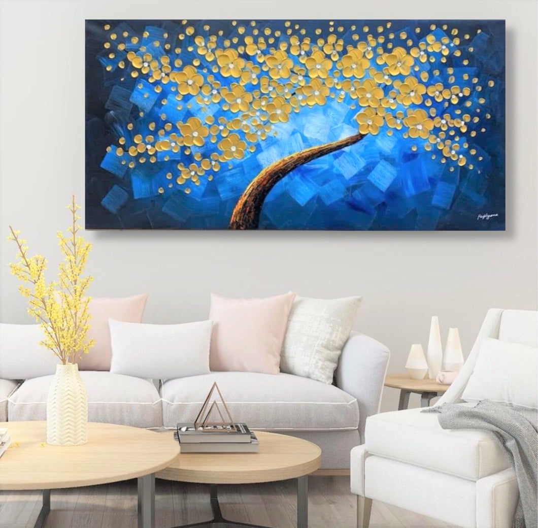 Huge Handmade Oil Painting of Golden Tree with Light Blue Background on Stretched Canvas