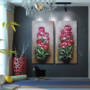 Handmade Oil Painting of Two Pieces Set of Pink Flowers on Stretched Canvas