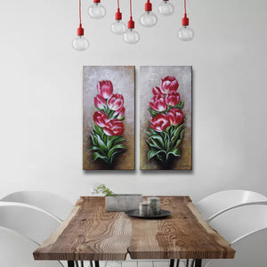 Handmade Oil Painting of Two Pieces Set of Pink Flowers on Stretched Canvas
