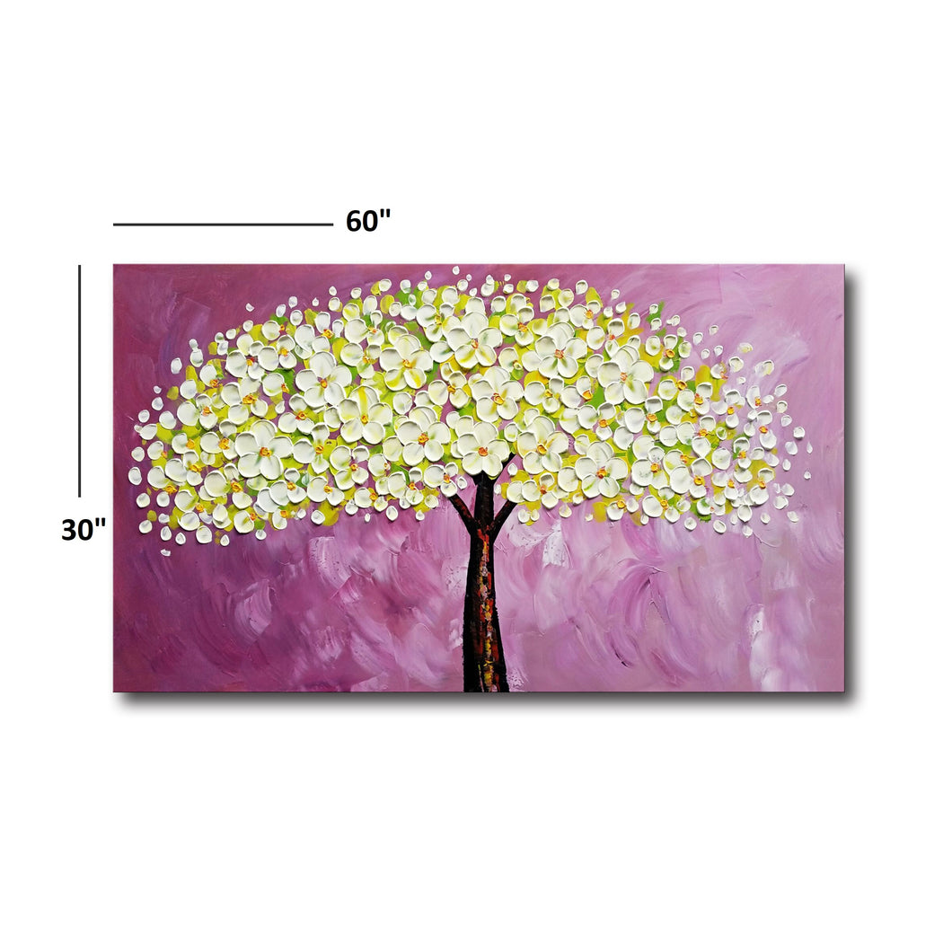 Handmade Oil Painting of White Flower Tree with Purple Bakcground on Stretched Canvas