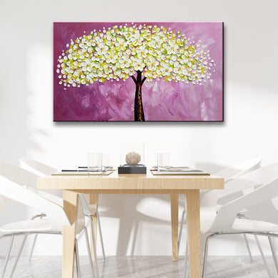Handmade Oil Painting of White Flower Tree with Purple Bakcground on Stretched Canvas