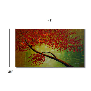 Handmade Oil Painting of Red Tree with Green background  on Stretched Canvas