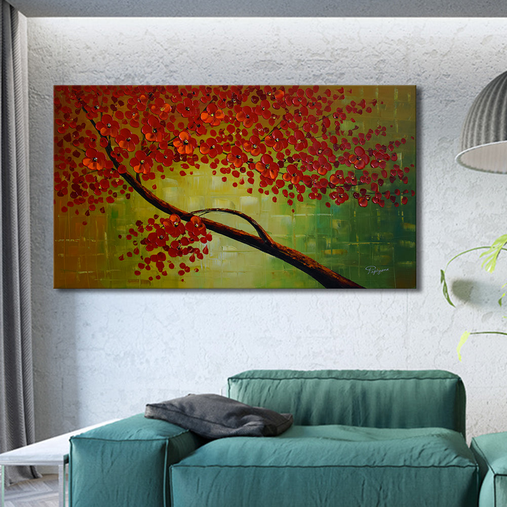 Handmade Oil Painting of Red Tree with Green background  on Stretched Canvas