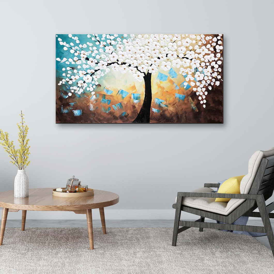 Handmade Oil Painting on Stretched Canvas of White Blossom Tree