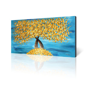 Handmade Oil Painting of Gold Flowers With Blue Background on Stretched Canvas
