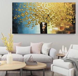 Handmade Oil Painting of Golden Flower Tree with Blue & Golden Background on Stretched Canvas