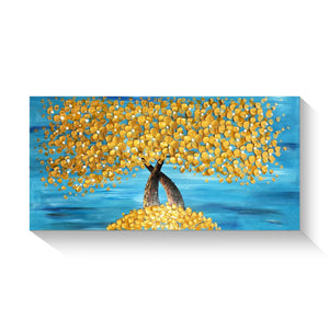 Handmade Oil Painting of Gold Flowers With Blue Background on Stretched Canvas