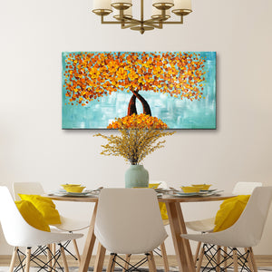 Handmade Oil Painting of Rustic Gold Flowers With Light Teal Background on Stretched Canvas