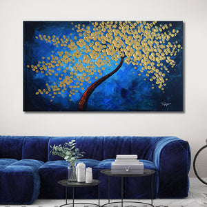 Handmade Oil Painting of GoldenTree with Royal Blue Background on Stretched Canvas
