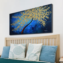 Handmade Oil Painting of GoldenTree with Royal Blue Background on Stretched Canvas