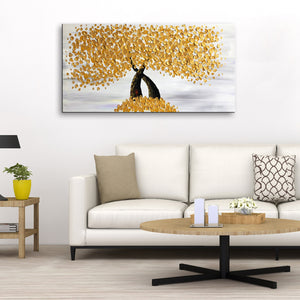 Handmade Oil Painting of Gold Flowers With Grey Background on Stretched Canvas