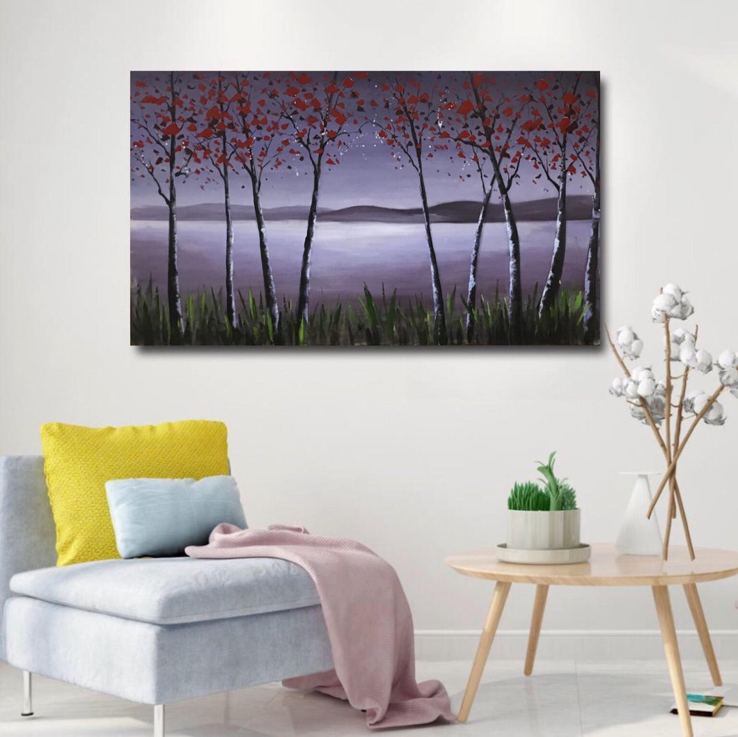 Handmade Oil Painting of a Landscape View on Stretched Canvas in Purple